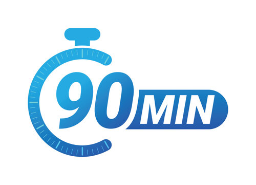 Ninety minutes countdown timer with stopwatch symbol on white background. Clean modern vector logo illustration for productivity and time management.