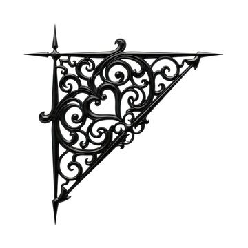 An isolated black decorative corner ornament with gothic-inspired filigree, swirling lines, a subtle heart shape, and pointed accents, matte black with metallic sheen, against a transparent