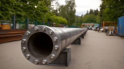 A long industrial metal pipe with prominent flanged joints rests on support stands outdoors