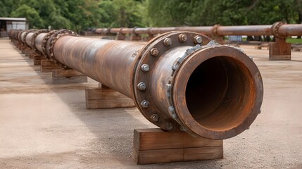 A long rusty industrial pipeline with flanged joints rests on wooden supports outdoors showcasing weathered metal construction