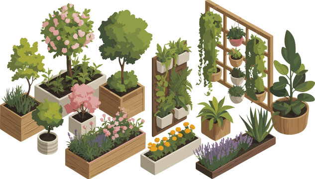 Isometric garden plants illustration set with potted trees, planter boxes, vertical garden wall, indoor outdoor greenery elements