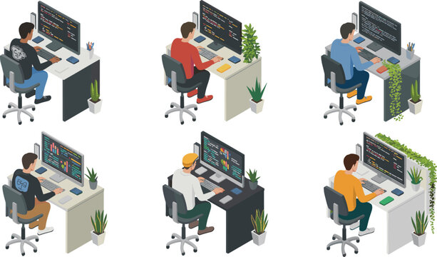 Isometric programmer workspace illustrations, software developer coding at desk, modern office setup, freelance and tech work concepts