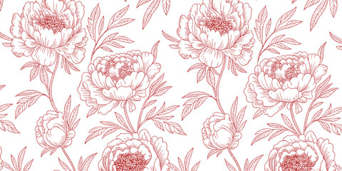 Obraz premium Seamless peony floral line art pattern, elegant hand drawn flowers, minimal botanical background, romantic vintage design