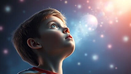 Young boy gazing upward in wonder, illuminated by a celestial glow with a cosmic background of floating orbs.