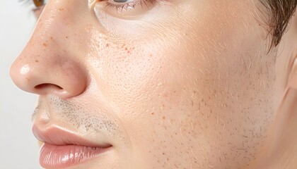 Fototapeta premium Close-up of man's face with stubble and freckles on light background