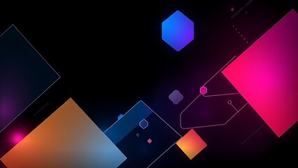 Abstract digital interface with colorful geometric shapes on a dark futuristic backdrop.