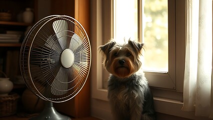 Tibetan terrier sitting beside a vintage floor fan in cozy afternoon light from a window.