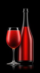 Elegant Red Wine Bottle and Glass Against Black Background for a Sophisticated Setting