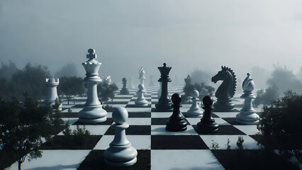 Surreal Outdoor Chess Game with Large Pieces in Foggy Landscape