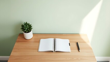 A minimalist wooden desk with an open notebook, portraying a clean and productive workspace.