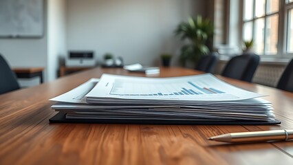 Neatly arranged financial documents on a wooden desk with warm natural lighting in a minimalist office.