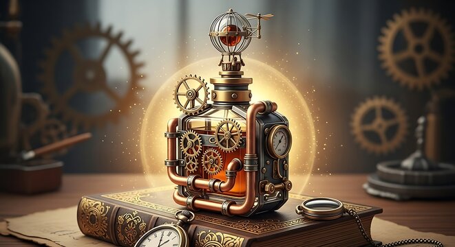 Steampunk Elixir Bottle with Gears and Clockwork on Antique Book.