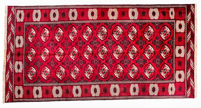 Traditional hand-knotted red Bukhara rug with geometric Guls, intricate motifs