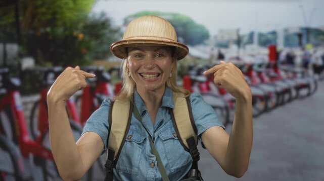 Woman wearing denim shirt and explorer hat points finger to herself beside rental bikes on street; confidence.