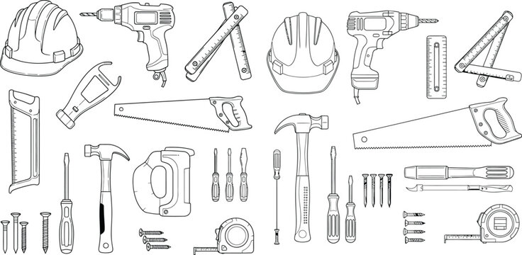 Handdrawn construction tools illustration featuring a hard hat, hammer, screwdriver, and various measuring instruments