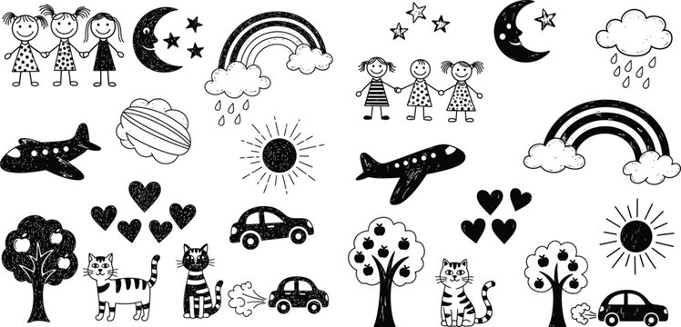 Handdrawn doodle set with stick figures, cars, cats, moon, rainbow, airplane illustrations