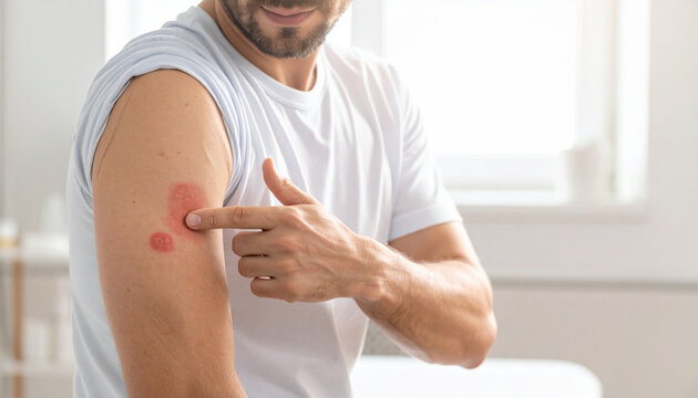 Man pointing at irritated red patch on upper arm skin rash healthcare consultation dermatology adult male white t shirt home interior concern skin condition close up