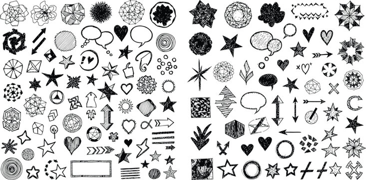 Handdrawn geometric shape collection, simple elements including stars, hearts, arrows, speech bubbles in sketchy doodle style