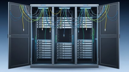 Server Racks with Open Doors and Visible Wiring in a Data Center.
