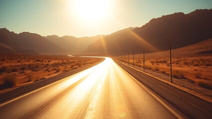Desert highway under bright sunlight, empty road leading to the horizon, evoking a sense of adventure and solitude.