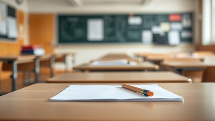 A blank paper and pencil on a classroom desk, suggesting academic focus and tension.