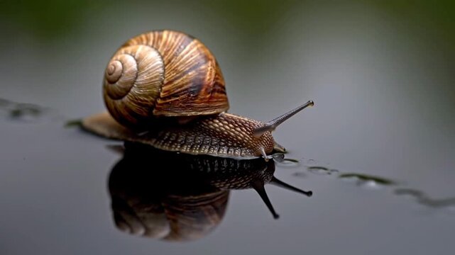 Close-up of a snail on water, showcasing its intricate shell and reflection.