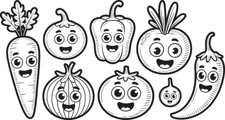 Collection of cartoon vegetable characters featuring happy faces are displayed in outline style for children's coloring book pages and educational materials.
