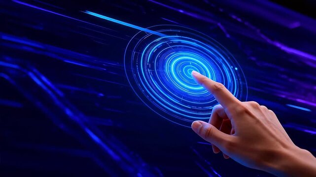 Hand interacting with futuristic digital interface