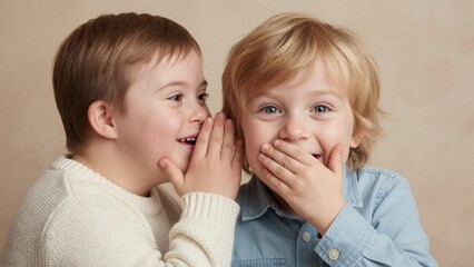 Two happy boys sharing secret. Child with down syndrome whispers in his friend's ear who is laughing. Fun childhood friendship moment