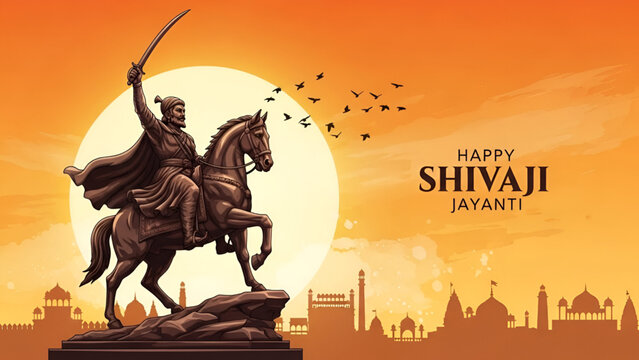 Chhatrapati shivaji maharaj equestrian warrior illustration at sunrise symbolizing maratha leadership courage indian history cultural pride and heritage skyline