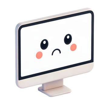 A 3D rendering of a computer monitor displaying a sad face with large eyes and a frown.
