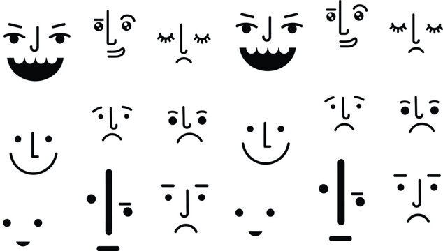 Minimal facial expression icon vector set with abstract human faces showing emotions in simple black line style