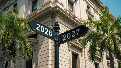 Black street sign showing direction to year 2026 and 2027 against neoclassical building with palm trees under bright sunny sky for future concept