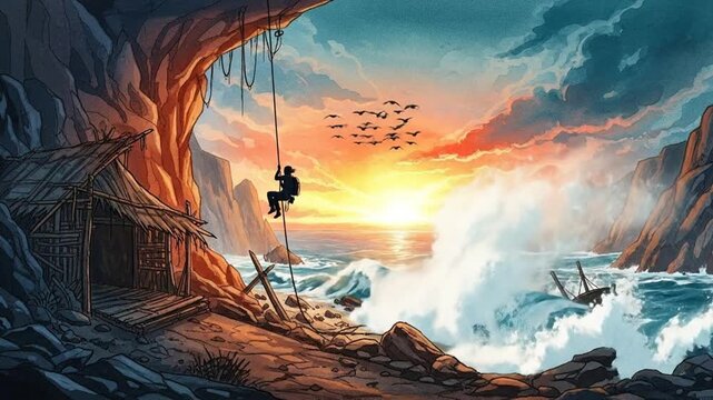 Adventurous Descent into a Secluded Cove at Sunset with Shipwreck.