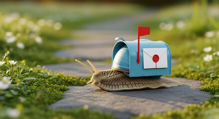 Snail Emerging from Mailbox on Pathway.