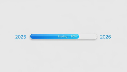 Blue digital loading bar showing eighty percent completion progress between years 2025 and 2026 on clean white minimalist background for countdown