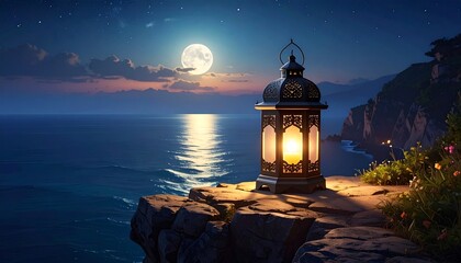 Lantern on a cliff overlooking the ocean at night with a full moon.