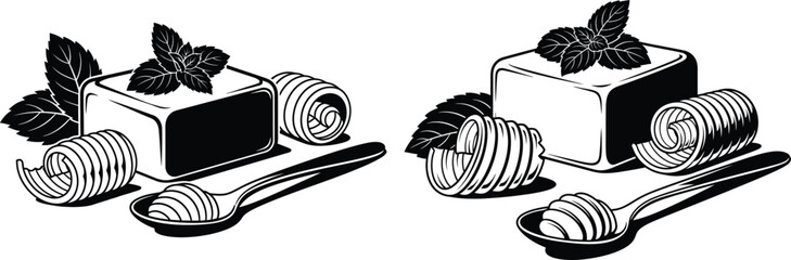 illustration of butter portion, curl, and spoon, garnished with fresh mint leaves, monochrome design