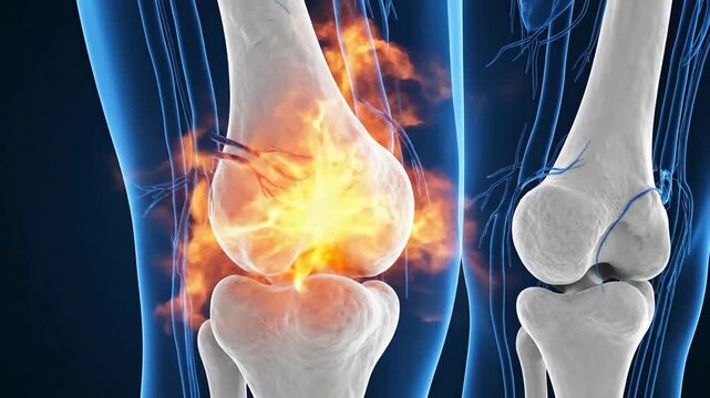 Medical illustration of a knee joint with inflammation and bone structure