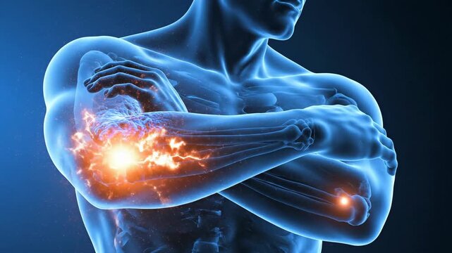 Medical illustration of human anatomy depicting elbow joints in blue