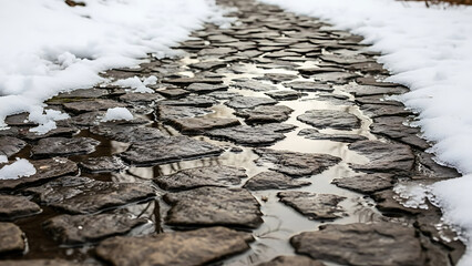 Snow Covered Stone Pathway with Flat Rocks.