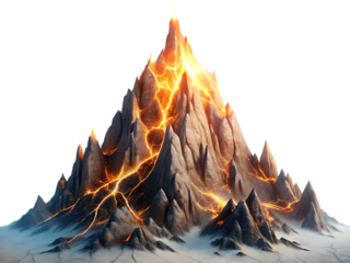 Volcanic mountain peak isolated on transparent background, showcasing fiery eruption