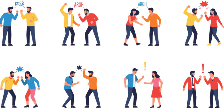People arguing and fighting illustration set showing conflict anger disagreement confrontation scenes in flat cartoon vector style