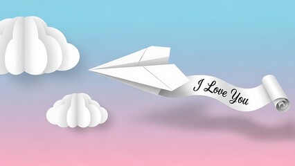 A paper airplane flying through a gradient sky with paper clouds, carrying a scroll that says "I Love You" in a romantic paper craft style.