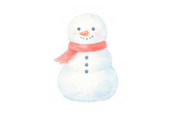 White snowman illustration smiling, wearing red scarf, winter holidays watercolor character on transparent background
