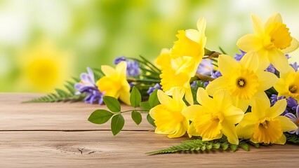 Beautiful bouquet of daffodils and purple flowers on wooden table outdoors in springtime