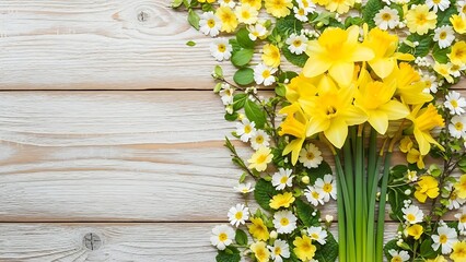 Beautiful bouquet of yellow daffodils and white daisies on wooden planks background