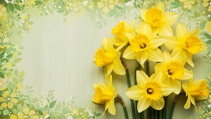 Beautiful bouquet of yellow daffodils on green background with floral border