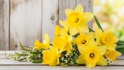 Beautiful bouquet of yellow daffodils on light wooden table outdoors
