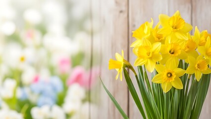 Beautiful bright yellow daffodils with green leaves on wooden background in garden  spring flowers